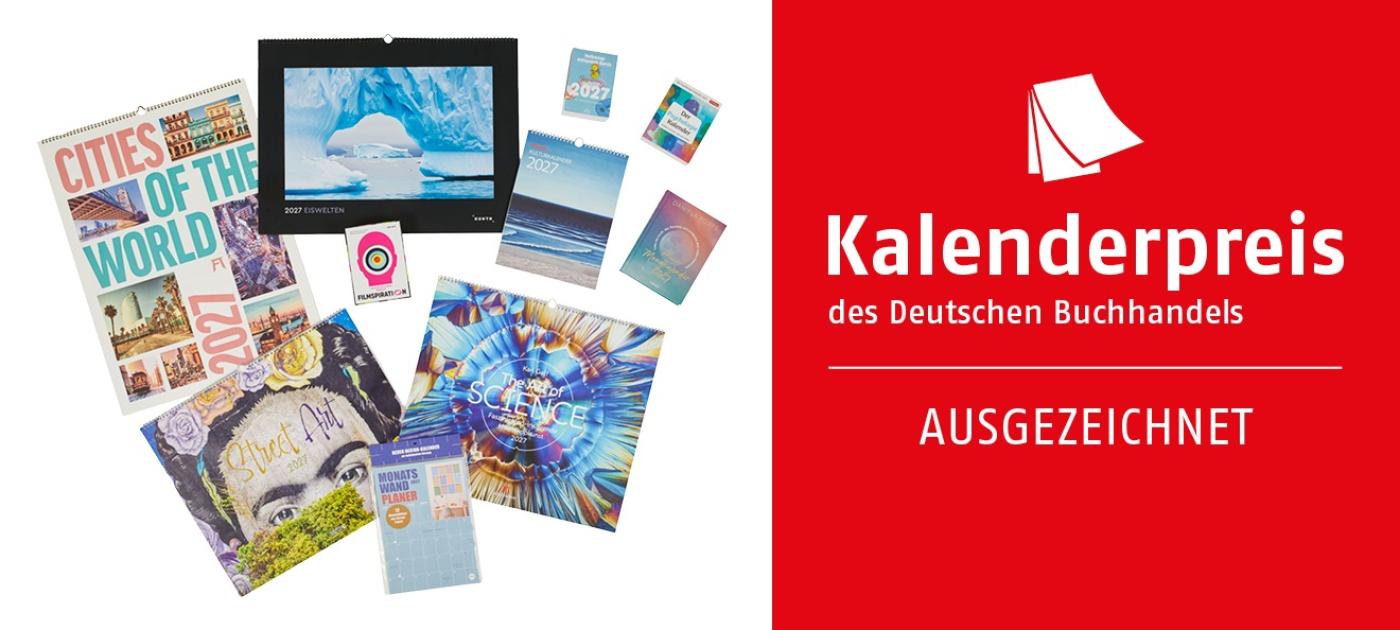Banner: Rechts roter Hintergrund mit weißer Schrift: "Kalenderpreis des Deutschen Buchhandels - Ausgezeichnet". Links weißer Hintergrund mit den Abbildungen der 10 ausgezeichneten Kalender. Link führt zur Themenwelt mit 9 der Kalender. 